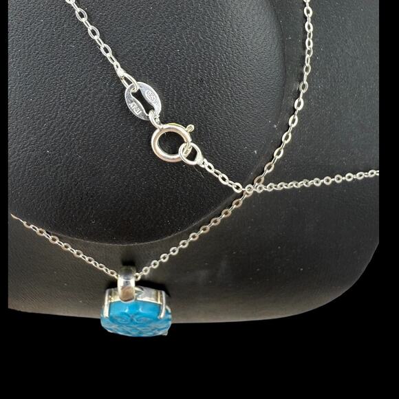 Carved Flower Turquoise Pendant Necklace 925 Sterling Silver 18in Chain Handmade - Picture 6 of 6